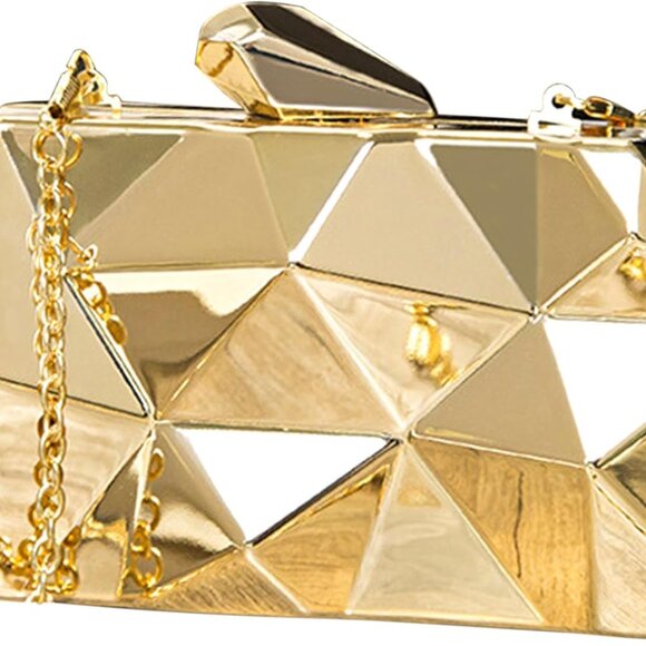Women Metal Clutch Purse Small Evening Bag Geometric Gold with Chain - Picture 1 of 8